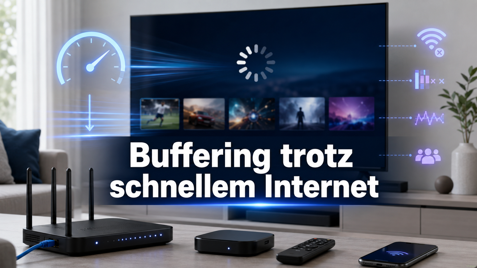 IPTV Buffering trotz schnellem Internet mit Smart TV, Router, Streaming-Gerät und instabiler Netzwerkverbindung