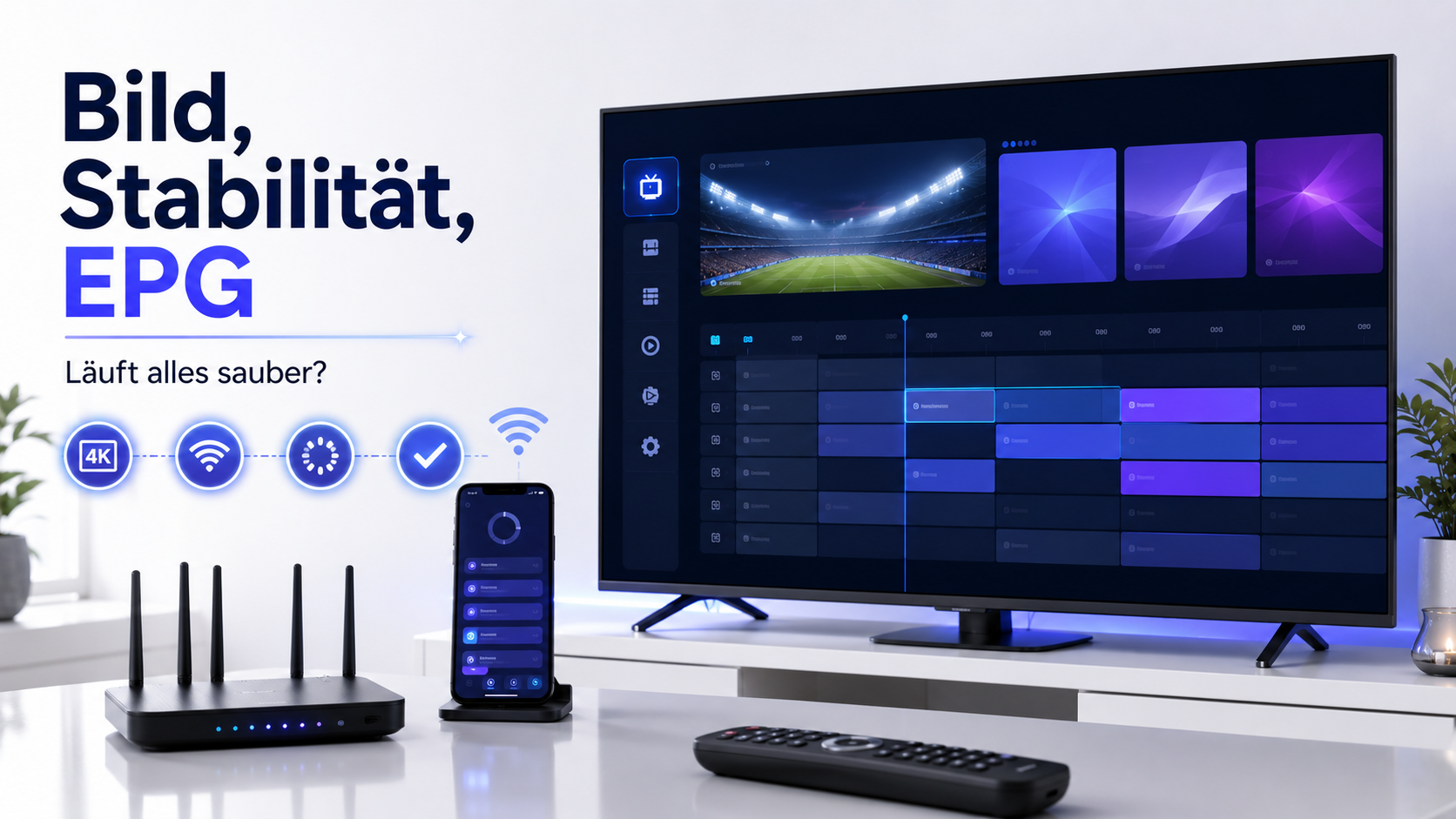 Smart TV mit abstrakter IPTV-Oberfläche, EPG und WLAN-Router zur Prüfung von Bildqualität und Stabilität