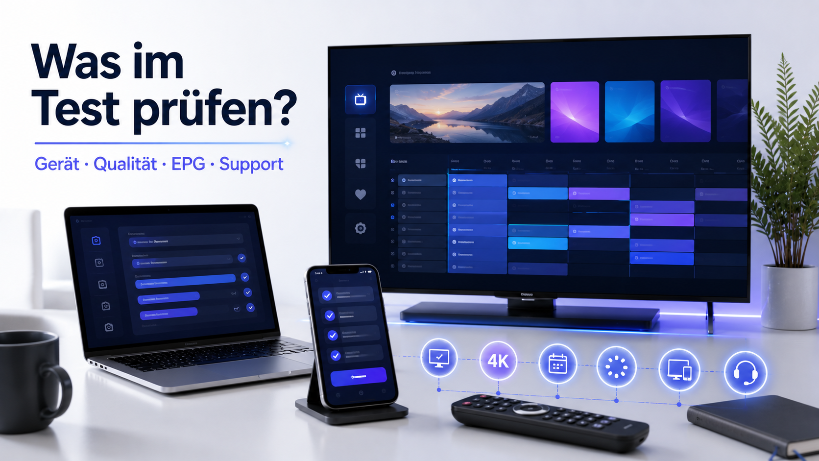 Smart TV, Smartphone und Notebook mit abstrakter IPTV-Test-Checkliste für einen 24-Stunden-Test