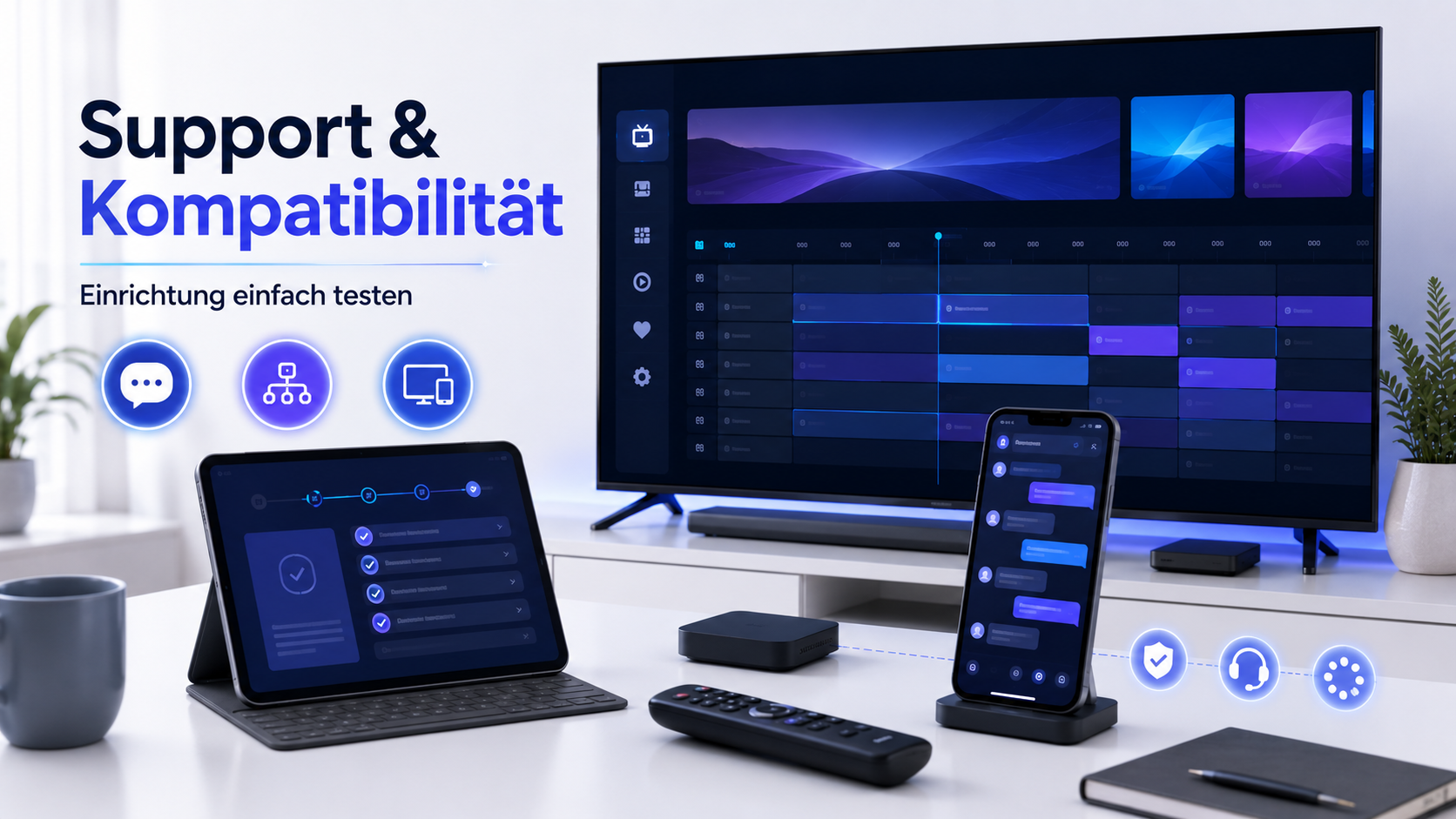 Smart TV, Smartphone und Tablet mit abstrakter IPTV-Einrichtung und Supportsymbolen zur Kompatibilitätsprüfung